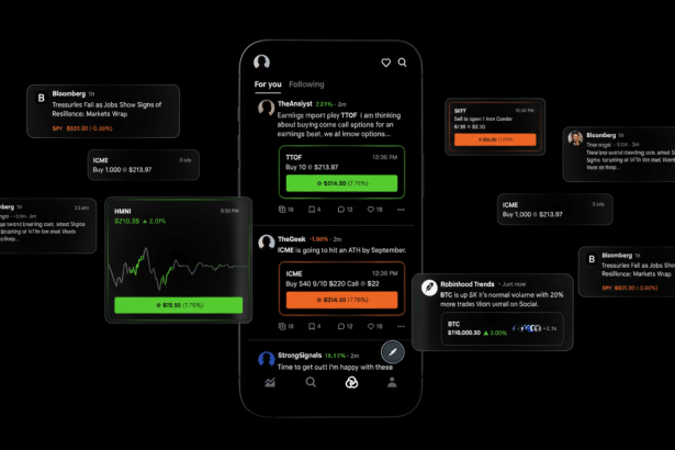 A professional, enhanced image of a mobile phone displaying stock trading apps and financial news, presented on a dark background.