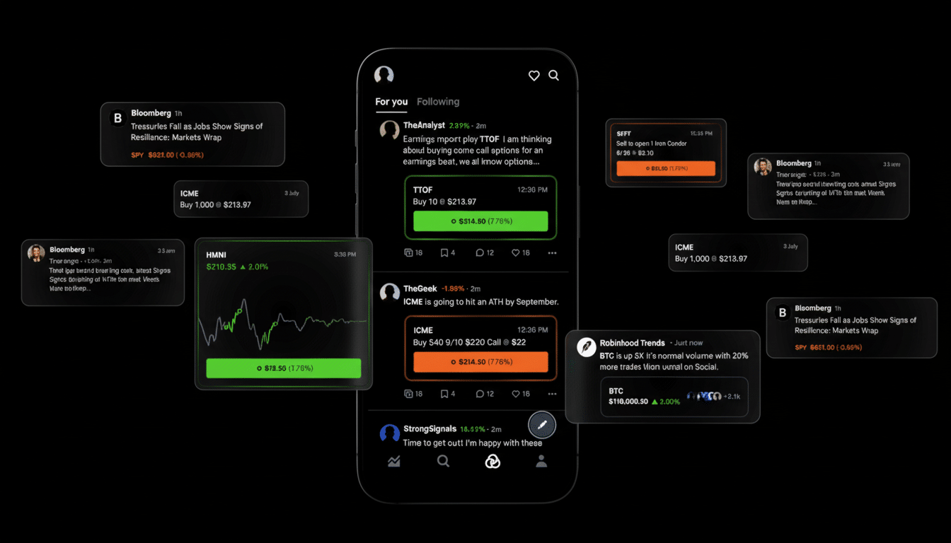 A professional, enhanced image of a mobile phone displaying stock trading apps and financial news, presented on a dark background.