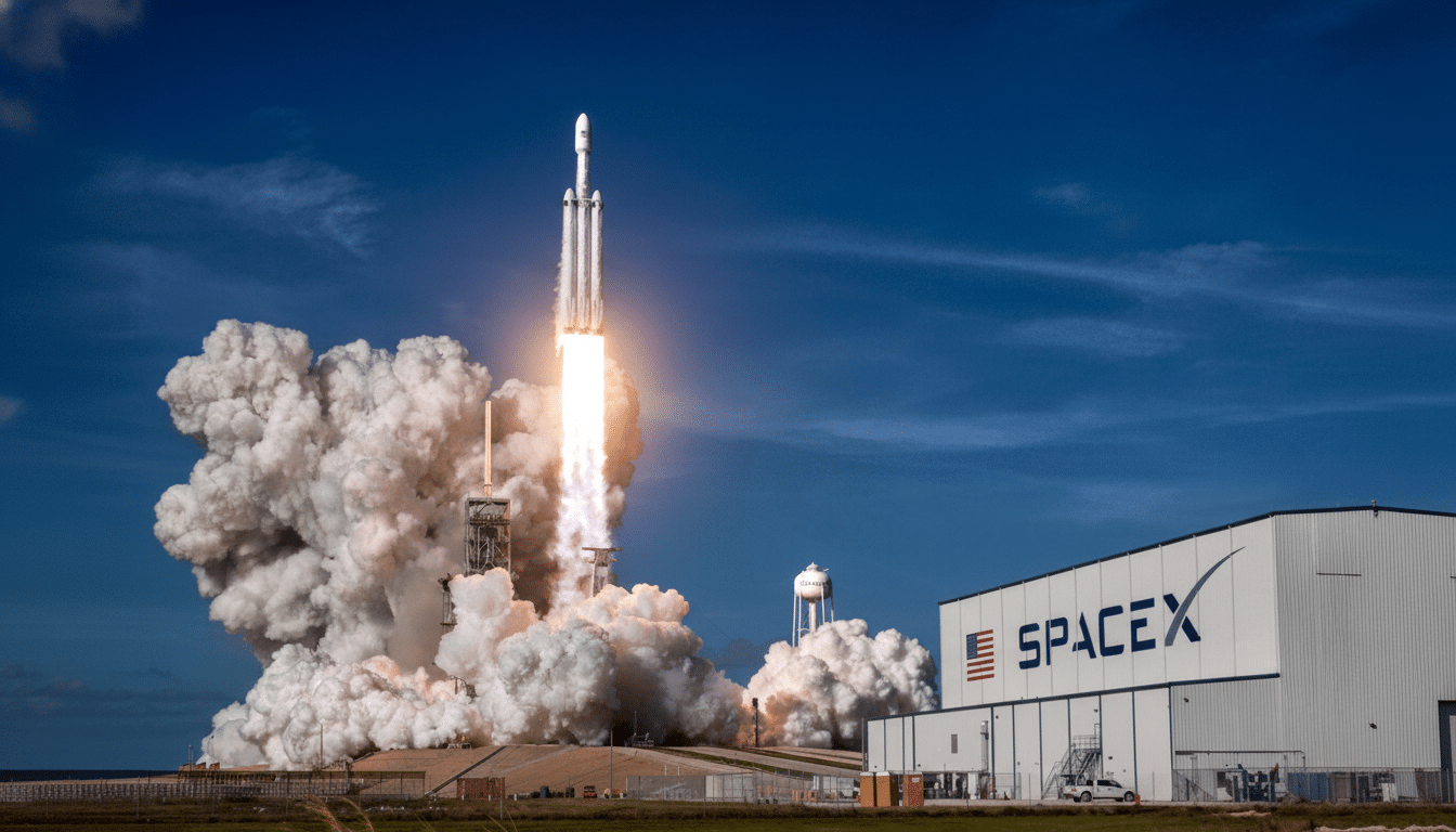 A SpaceX Falcon Heavy rocket launching from a launchpad , emitting a large plume of smoke and fire against a blue sky, with a SpaceX building in the foreground .