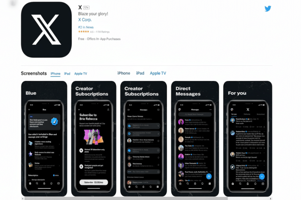 A professional, enhanced image of the X Corp app store listing, resized to a 1 6: 9 aspect ratio. The image features the X icon, app description, and