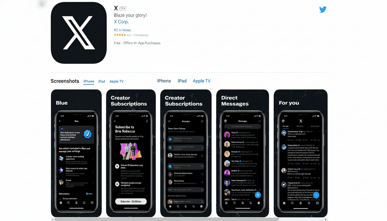 A professional, enhanced image of the X Corp app store listing, resized to a 1 6: 9 aspect ratio. The image features the X icon, app description, and
