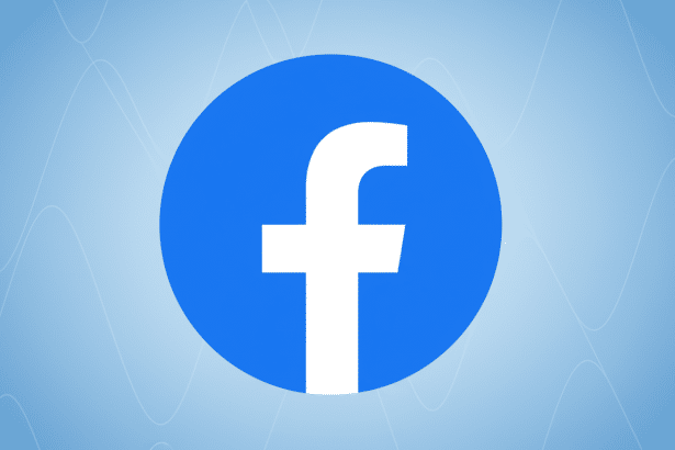 Facebook logo with a blue gradient background and subtle wave patterns.
