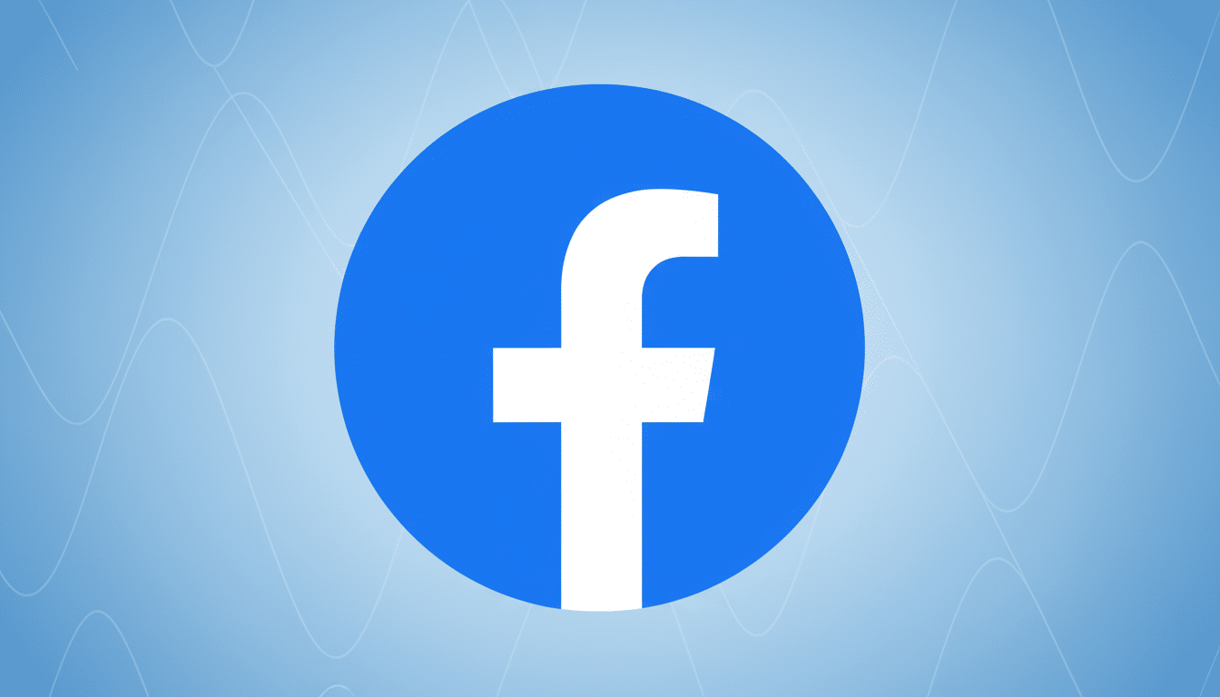 Facebook logo with a blue gradient background and subtle wave patterns.