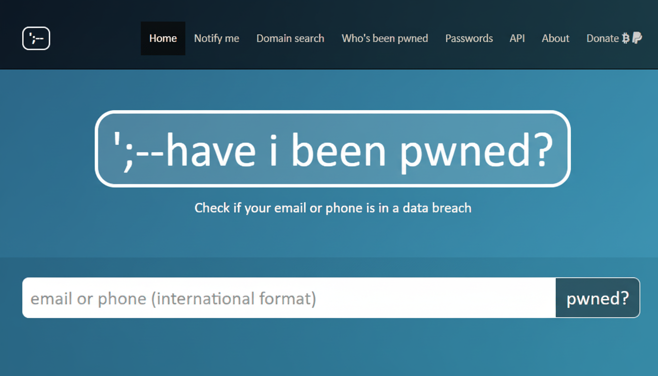 A screenshot of the Have I Been Pwned? website, showing the homepage with a search bar to check if an email or phone number has been compromised in a data breach.