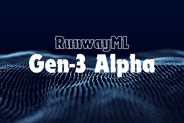 The text Run wayML Gen- 3 Alpha is displayed against a dark blue background with an undulating pattern of small blue dots.