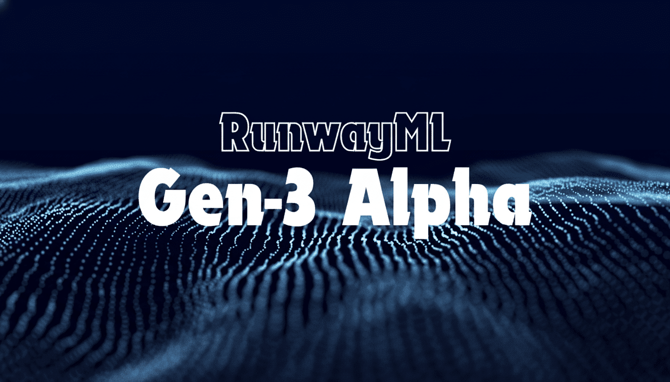 The text Run wayML Gen- 3 Alpha is displayed against a dark blue background with an undulating pattern of small blue dots.