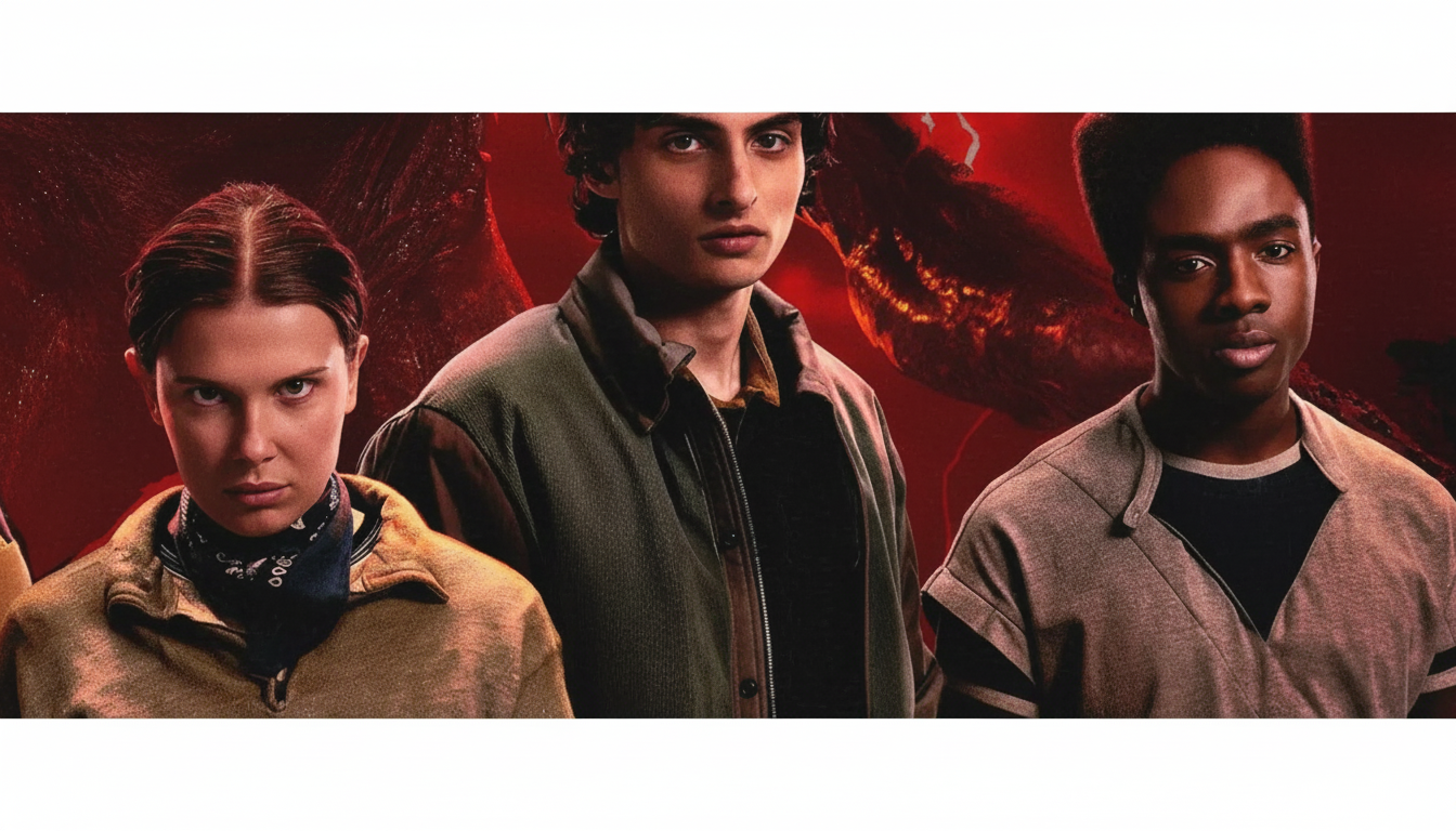 A 16:9 aspect ratio image featuring three characters from Stranger Things: Eleven, Mike, and Lucas, against a red, ominous background.