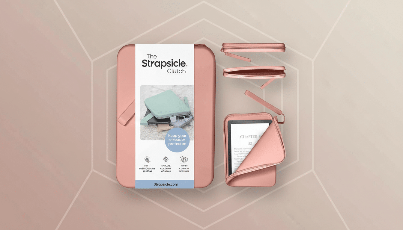 A professional overhead shot of a pink The Strapsicle Clutch e- reader case with an e- reader partially inserted, showcasing its protective design and