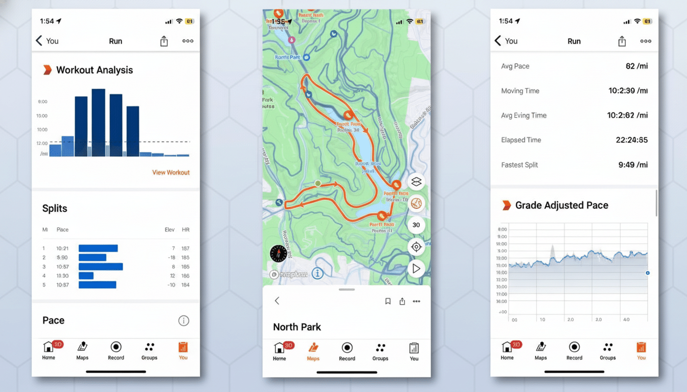A professional, enhanced image displaying three screenshots of a fitness tracking app on mobile phones, with a gradient gray background. The first screenshot shows workout analysis with bar graphs for duration and split times. The second displays a map of a park with a highlighted route. The third screenshot details activity metrics like average pace, moving time, and elapsed time, along with a line graph for grade adjusted pace. Filename : fitnessapp screenshots1 69. png