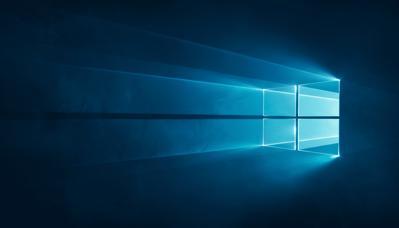 Text : The Windows 10 logo, glowing brightly in shades of blue and cyan , with light rays extending