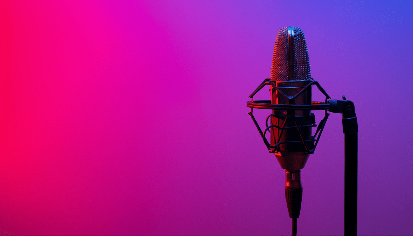 alt  text: A professional studio microphone with a pop filter, set against a vibrant background tha