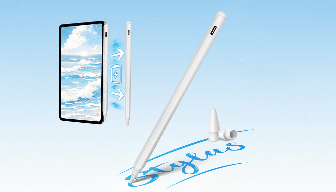 A white stylus pen writing Stylus in blue ink, with an iPad displaying a sea view and a charging animation for the stylus on the left. The background is a professional flat design with soft blue gradients and subtle geometric patterns. Filename : styluspen professional display .png
