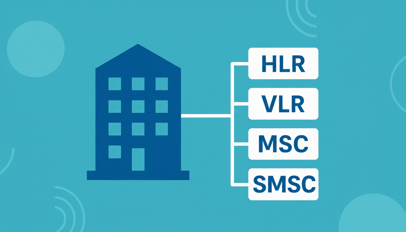 An illustration of a building connected to four white rectangular boxes labeled HLR , VLR, MSC, and SMS C, all on a teal background .