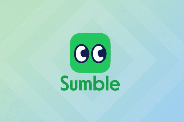The Sum ble app logo with a green square icon containing two white C shapes resembling eyes, and the word Sumble in green text below it , set against a professional soft gradient background with subtle geometric patterns.