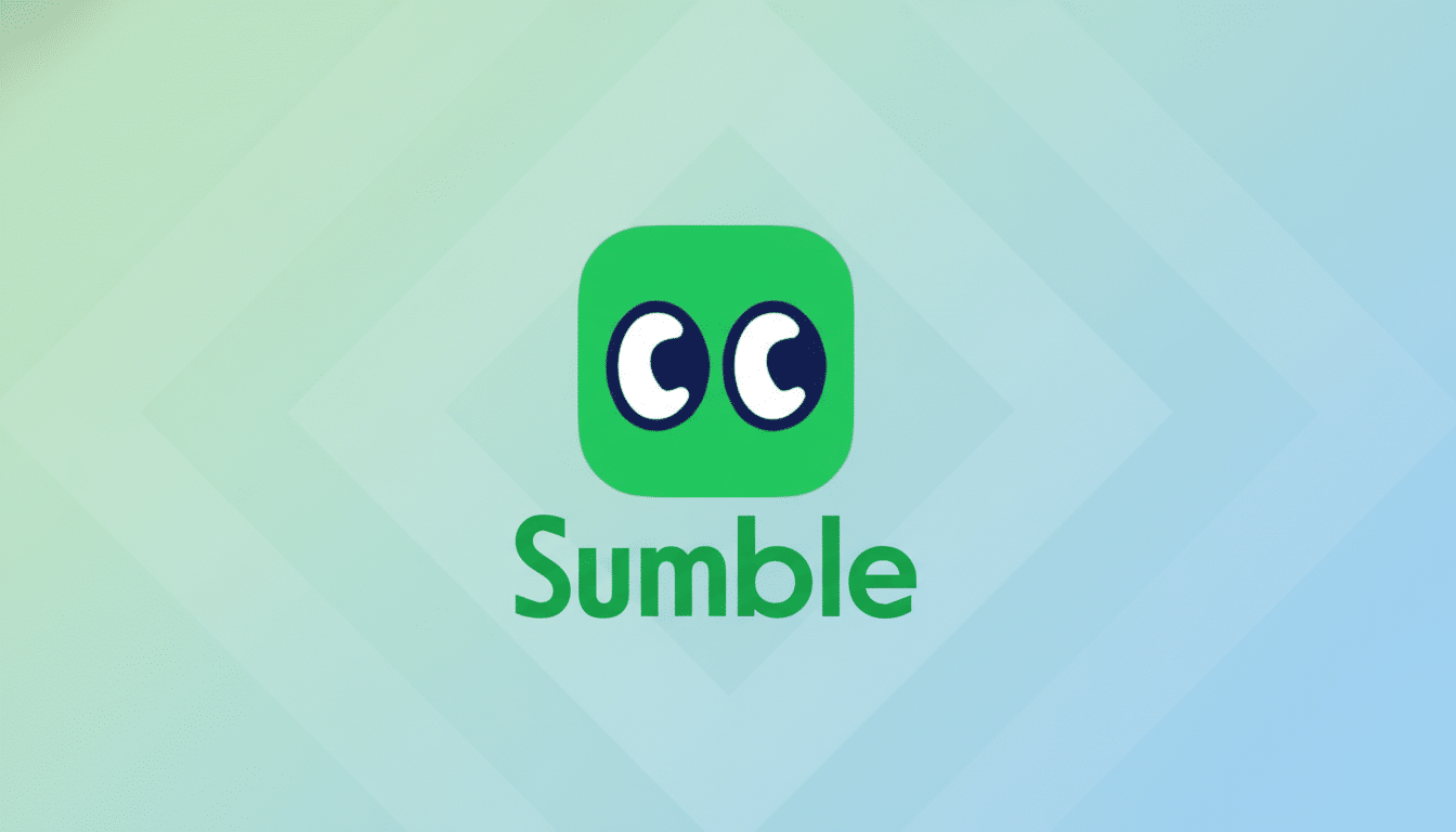 The Sum ble app logo with a green square icon containing two white C shapes resembling eyes, and the word Sumble in green text below it , set against a professional soft gradient background with subtle geometric patterns.