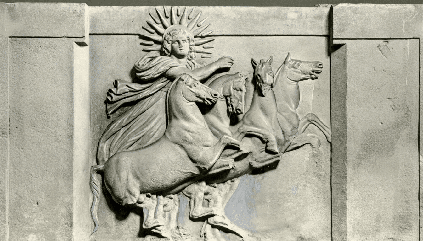 Bas -relief sculpture depicting a sun god in a chariot pulled by four horses.