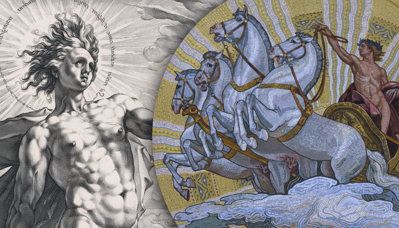 An image split between an engraved depiction of a radiant , muscular male figure on the left and a mosaic of a chari oteer driving four horses on the right . Both figures represent the sun god.