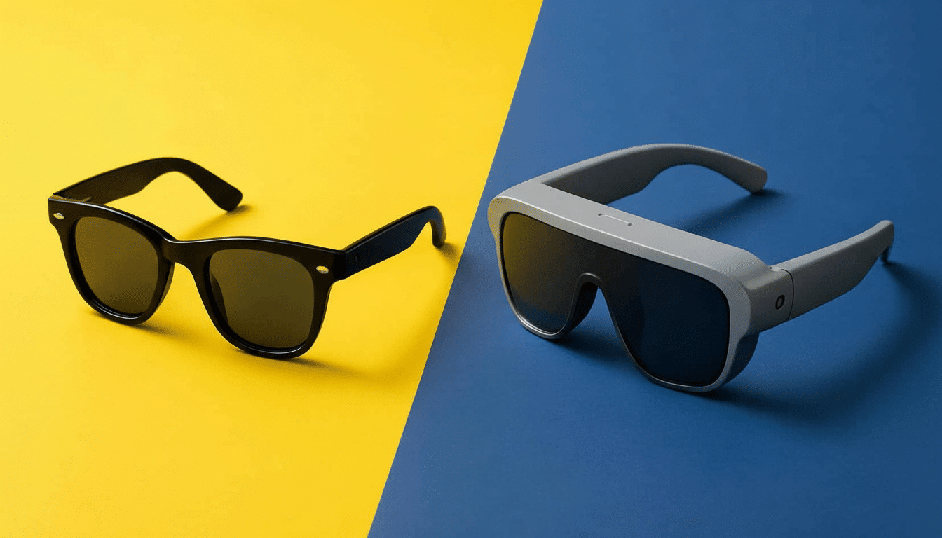 A pair of classic black sunglasses on a yellow background and a pair of modern gray smart glasses on a blue background, split diagonally.