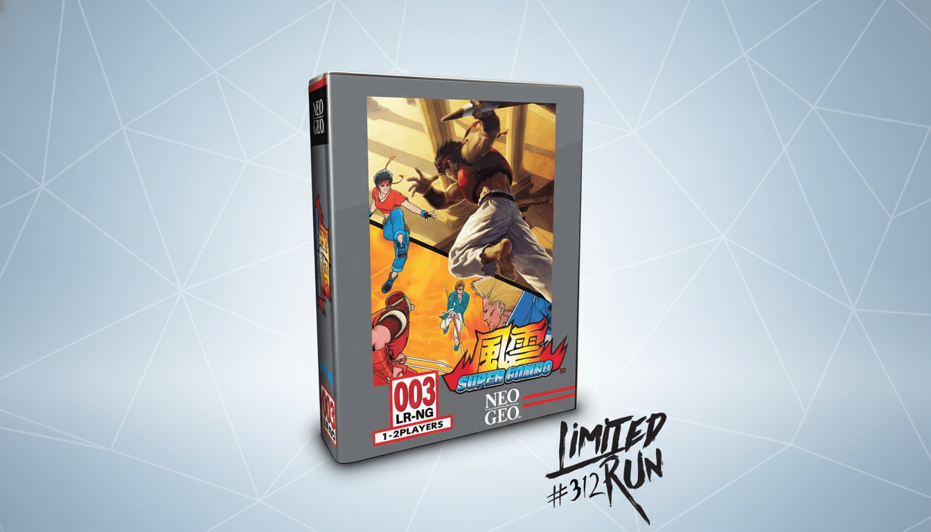 A 3D render of the Super Combo Neo Geo game cartridge in its box , with a gray background featuring a subtle geometric pattern . The box art displays various animated characters in action poses .