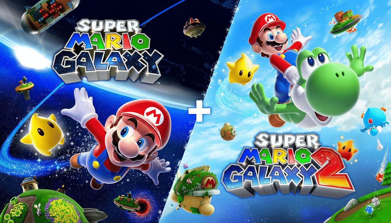 Promotional artwork featuring Super Mario Galaxy and Super Mario Galaxy 2, with Mario, Yoshi , and Lumas in space- themed backgrounds.