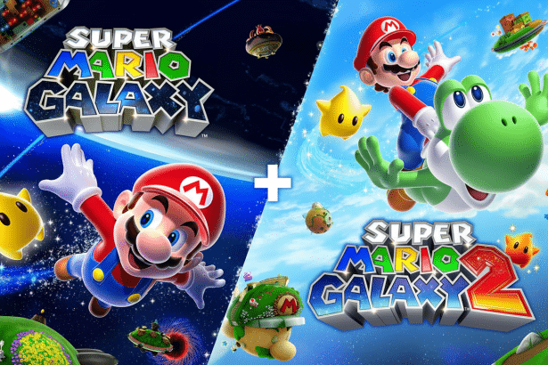 Super Mario Galaxy and Super Mario Galaxy 2 combined cover art, featuring Mario and various characters in space environments.