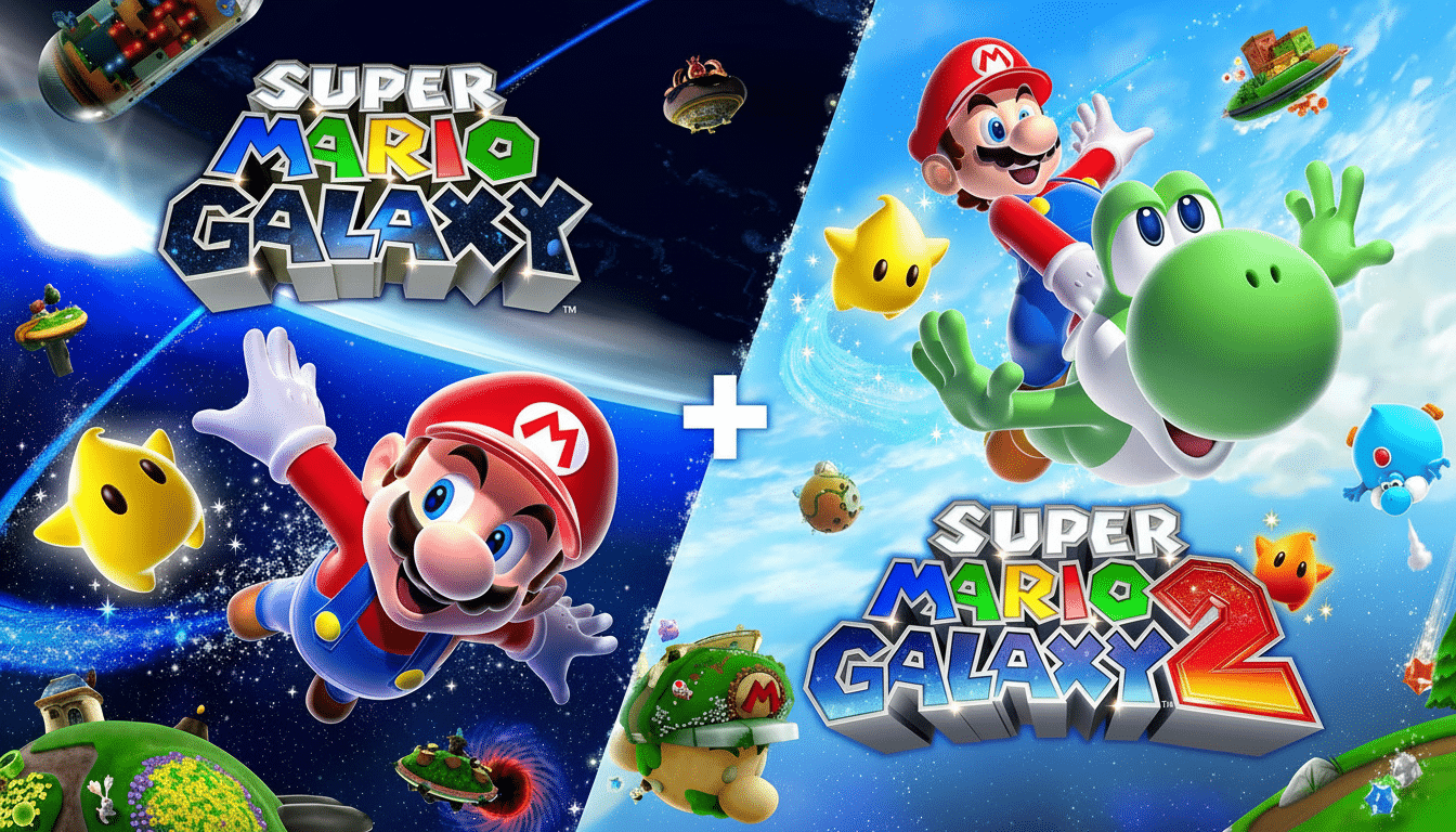 Super Mario Galaxy and Super Mario Galaxy 2 combined cover art, featuring Mario and various characters in space environments.