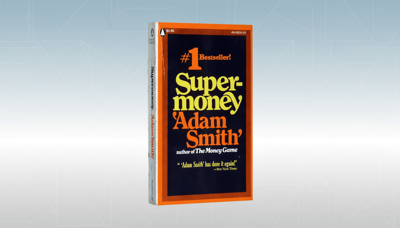 The book cover for Supermoney by Adam Smith, a #1 bestseller, is centered on a professional flat design background with a soft blue - grey gradient and subtle geometric patterns. The book cover is orange and black with yellow text .