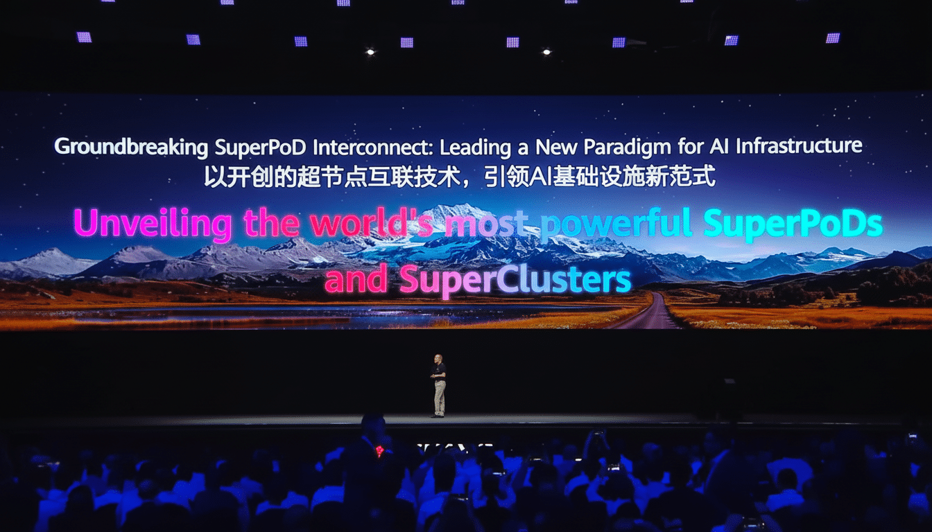 A wide shot of a presenter on stage with a large screen behind them displaying  Groundbreaking SuperPo D Interconnect: Leading a New Paradigm for AI Infrastructure and  Unveiling the world's most powerful SuperPoDs and SuperClusters over a scenic landscape. Filename : super podpresentation 1 6x 9.png