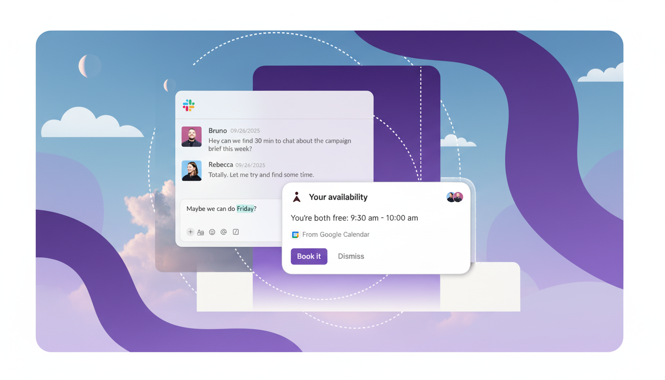 A Slack conversation showing a user asking to schedule a meeting, with a pop-up indicating mutual availability and an option to book the time.