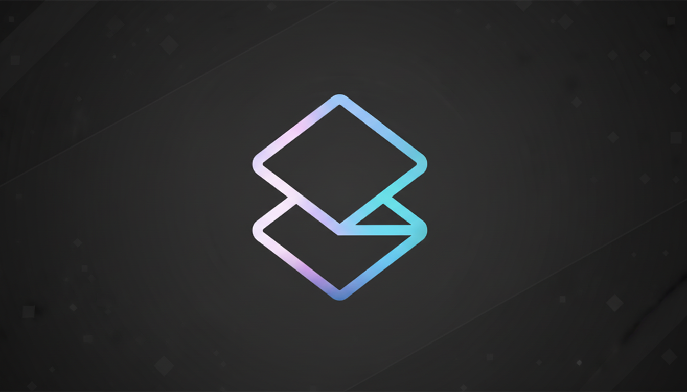 A gradient-colored icon resembling two overlapping squares, one above the other, on a dark gray background with subtle geometric patterns.