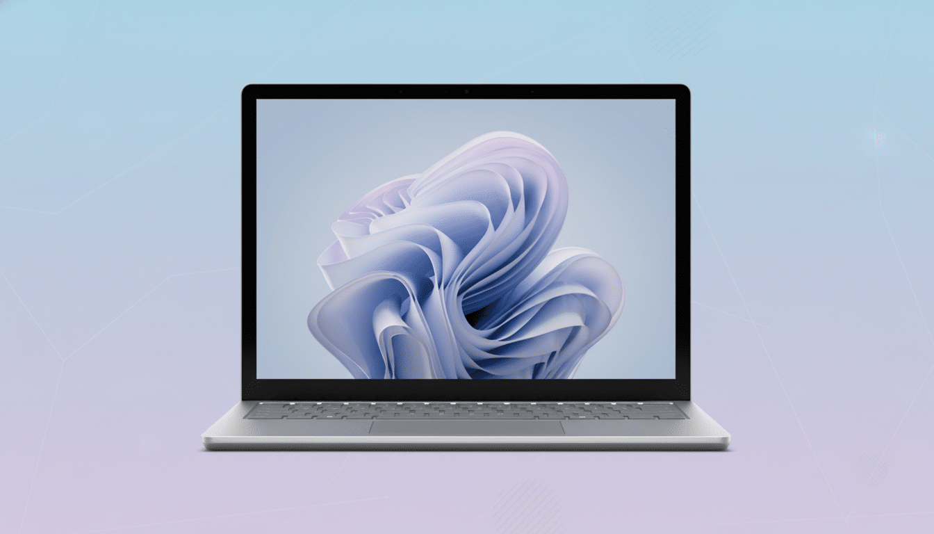 A silver laptop with a light purple and blue abstract design on its screen, set against a soft purple and blue gradient background with subtle geometric patterns. Filename : silver laptopabstract screen . png