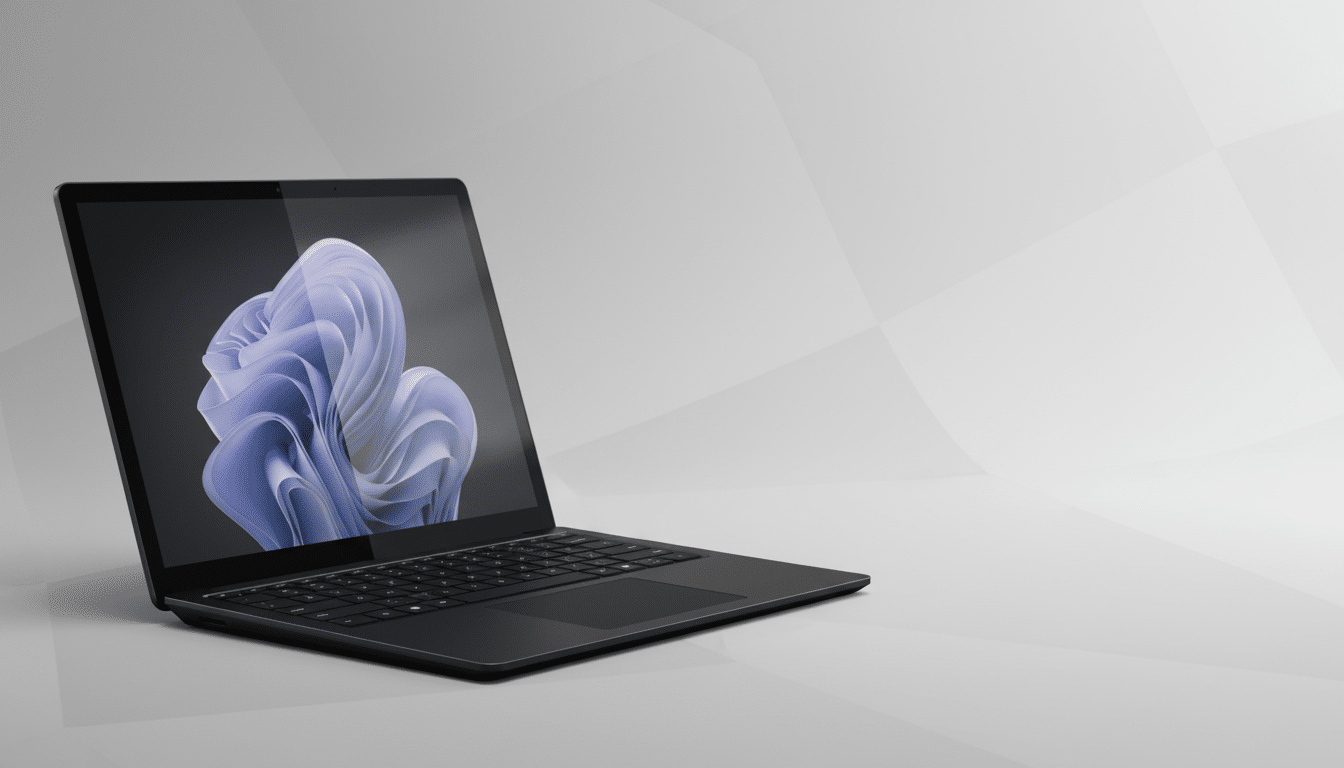 A black laptop, viewed from an angle , showcasing a light purple and blue abstract design on its screen, set against a professional light grey background with subtle geometric patterns.