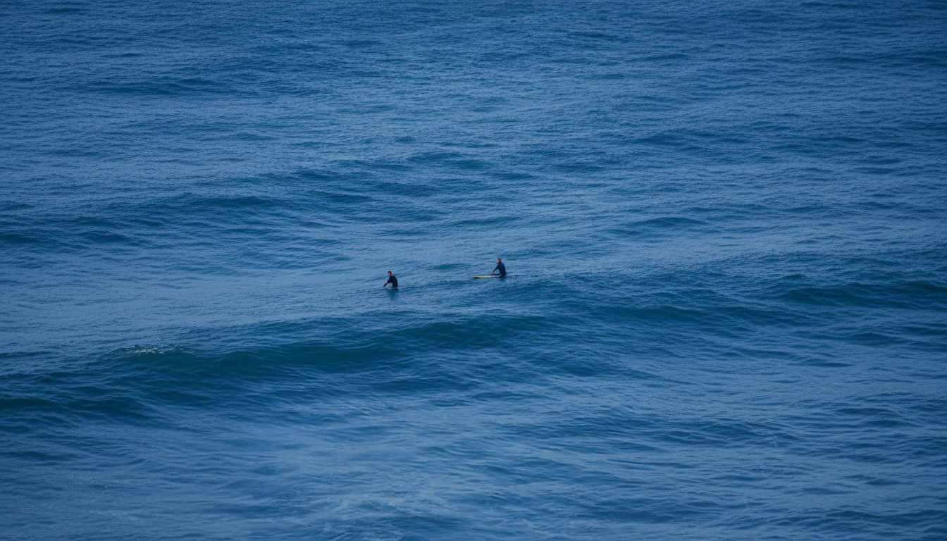 Text : Two surfers in wetsuits sit on their boards in the vast blue ocean, waiting for waves. Filena