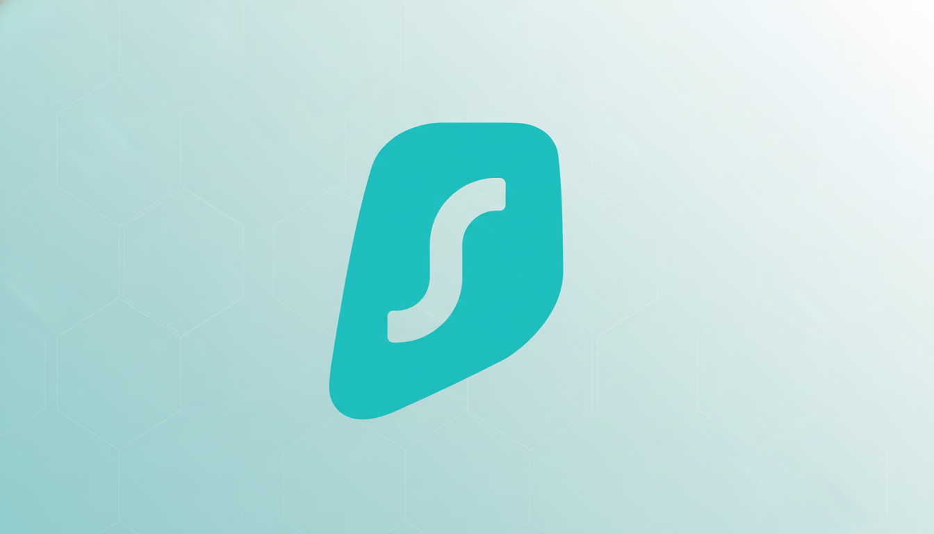A teal, irregularly shaped blob with a white S in the middle, set against a light blue and white gradient background with a subtle hexagonal pattern.