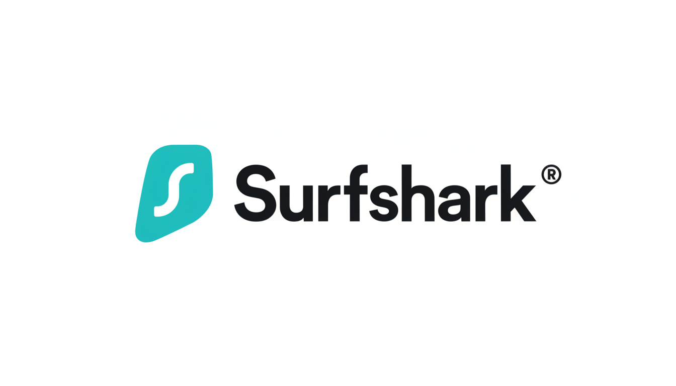 The Surfshark logo, featuring a teal shark fin icon next to the word Surfshark in black text, presented on a clean white background with a 16:9 aspect ratio.