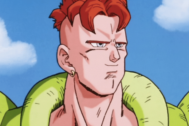 An animated character with red hair, blue eyes, and light skin, wearing a green garment, looking to the right with a serious expression. The backgroun
