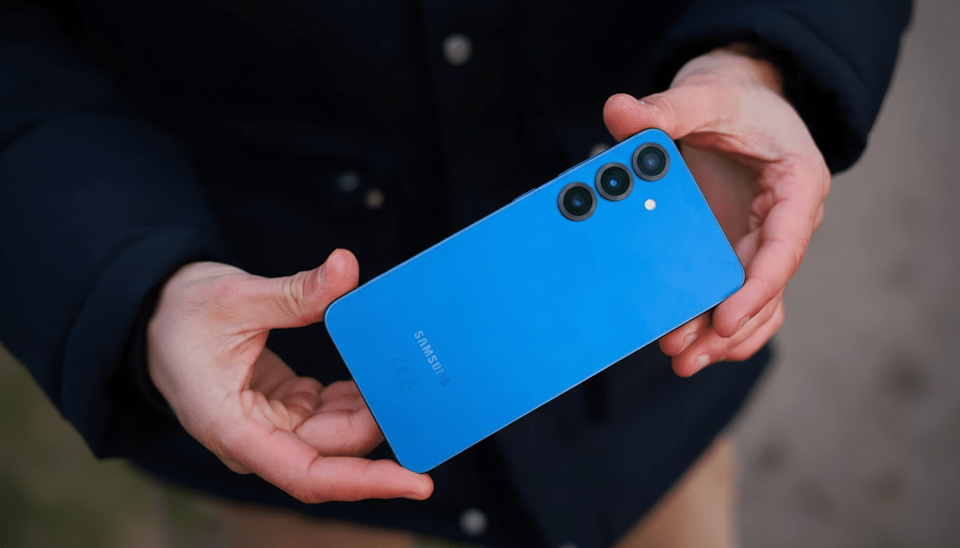 A person holding a blue Samsung smartphone with three camera lenses on the back.