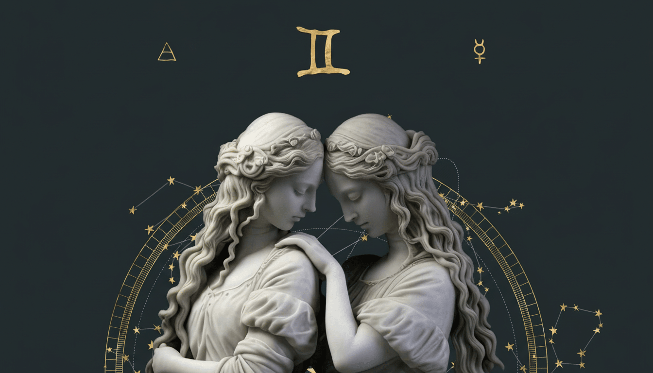 An image featuring the Gemini zodiac symbol and two women looking down with their heads together in an intimate embrace. The background has faint gold