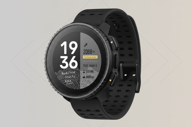 A professional , enhanced image of a black smart sports watch with a digital display showing the time 19:3 6, a vertical week measurement of 20 68m, and a map with Adventure Starts Here text. The watch has a textured band and a clean , flat professional background with a subtle gradient. Filename : smart sportswatch professional1 6x9. png