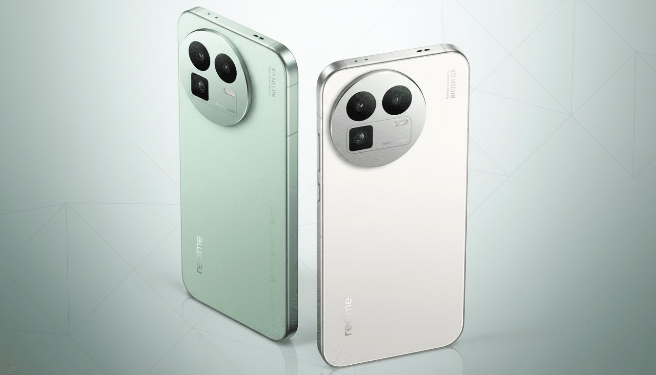 A 16:9 aspect ratio image of two Realme smartphones, one in mint green and one in silver - white, with prominent camera modules , on a subtle patterned gradient background. Filename : realme smartphones1 6x 9. png