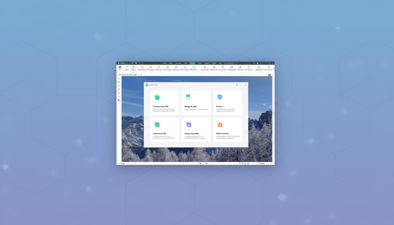 A screenshot of the SwiftDoo PDF application interface, showcasing its main features like converting, merging, splitting, and protecting PDFs, set against a professional flat design background with soft patterns and gradients.