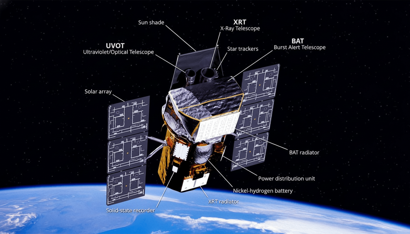 Diagram of the Swift Gamma -Ray Burst Mission satellite , identifying components like the X- Ray Telescope, UV/ Optical Telescope, Burst Alert Telescope, solar arrays, and radiators , with Earth visible below and stars in the background.