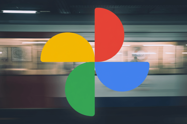 The Google Photos logo, composed of four colorful semicircles ( red, yellow, green, and blue ), superimposed over a blurred background of a subway platform with a train speeding by. Filename : googlephotos logosub waybackground. png