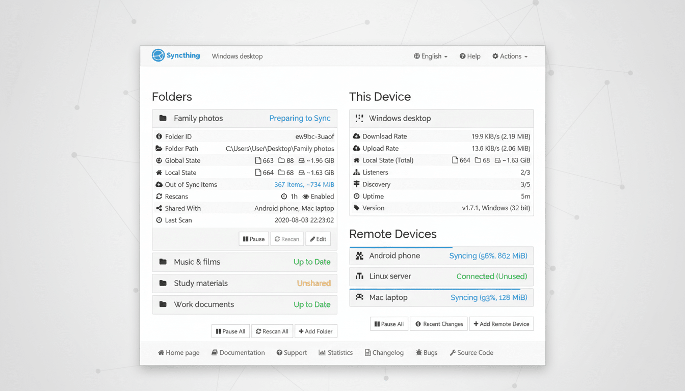 A screenshot of the Synct hing desktop application interface, showing folder synchronization status, device information , and remote devices .