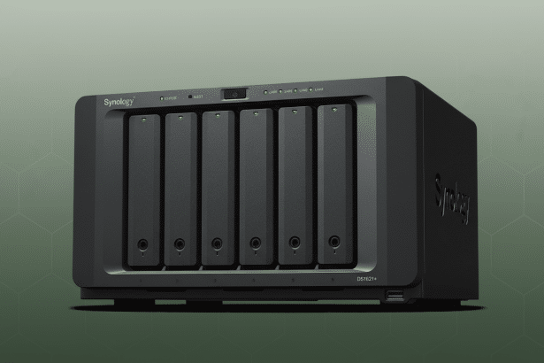 A black Synology DS 1621 + network- attached storage ( NAS) device with six drive bays , set against a professional green background with a subtle geometric pattern. Filename : synology ds162 1plus nas.png