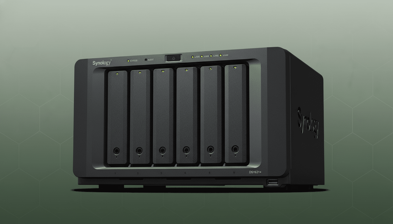 A black Synology DS 1621 + network- attached storage ( NAS) device with six drive bays , set against a professional green background with a subtle geometric pattern. Filename : synology ds162 1plus nas.png