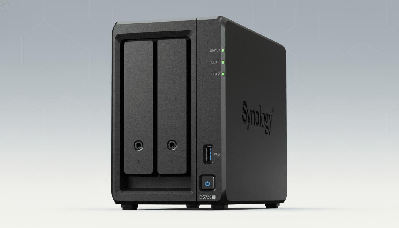 A professional shot of a Syn ology DS72 3+ NAS device , with two drive bays visible , against a subtle grey background with geometric patterns , highlighting its professional and clean design .