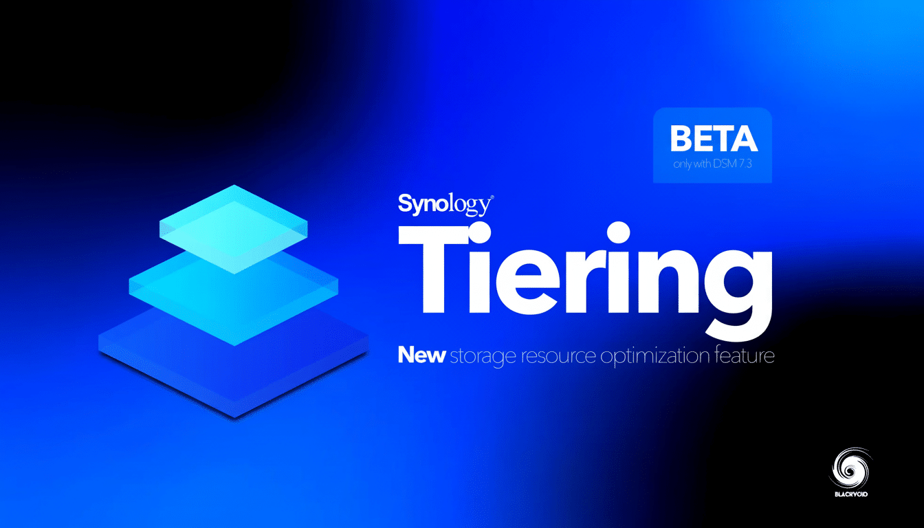 Syn ology Tiering BETA graphic featuring three stacked blue squares in an isometric view on a blue and black gradient background. Text reads Synology