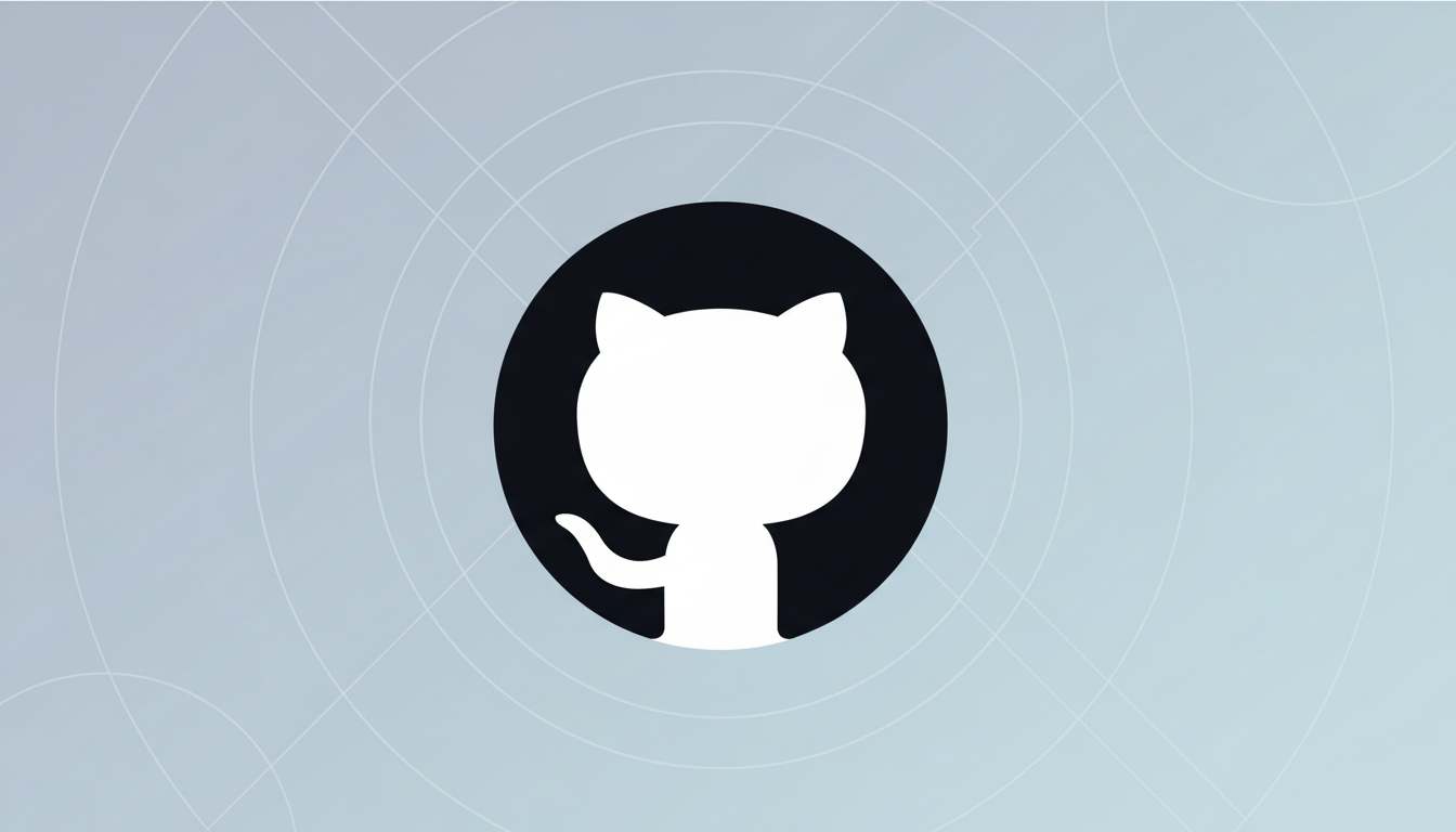 The GitHub Octocat logo, a white cat-like figure with a circular head and a small tail, is centered within a black circle. This logo is set against a professional light blue-gray background with subtle, intersecting circular patterns.