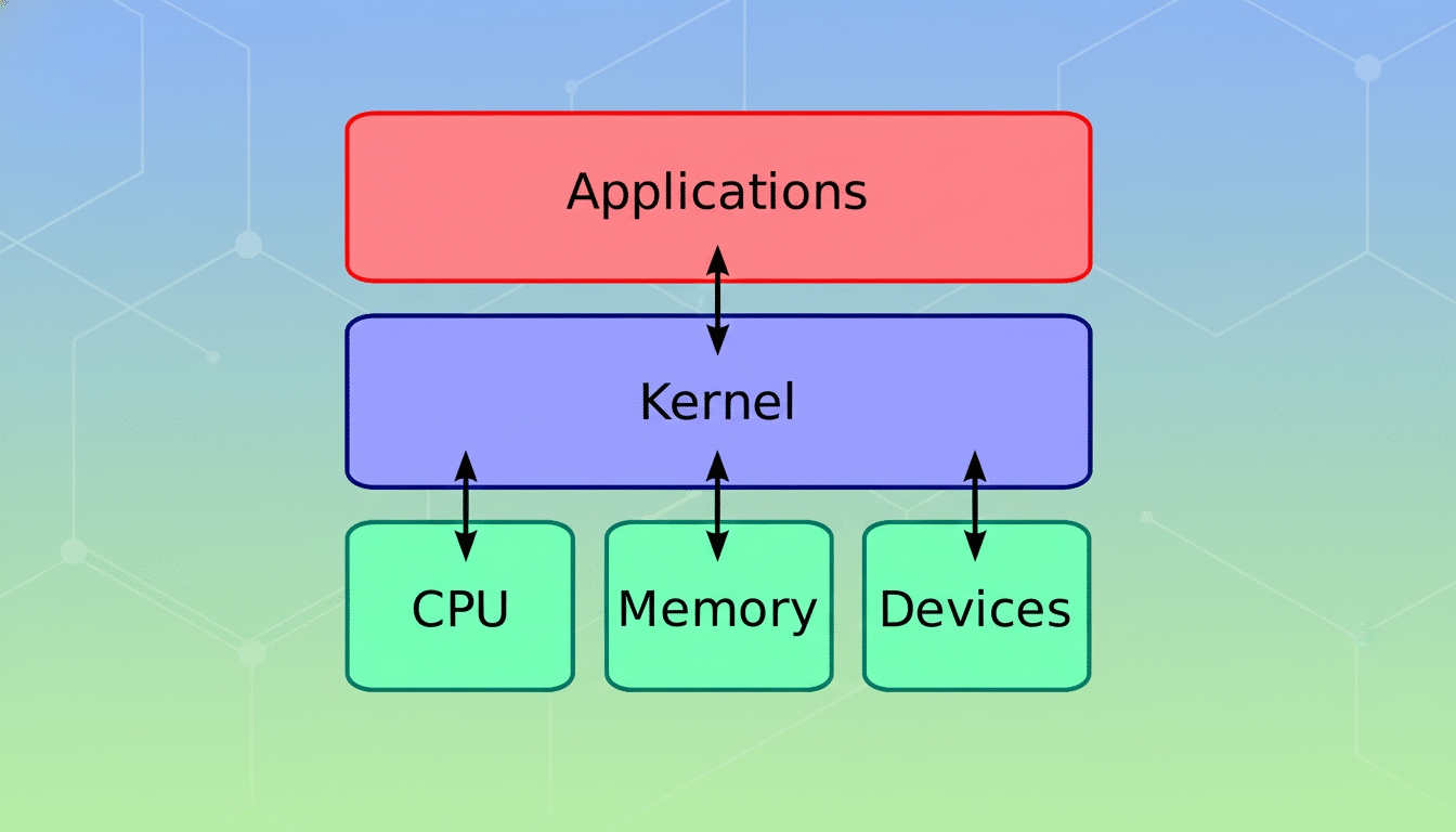 A professional diagram illustrating the relationship between Applications, Kernel, CPU, Memory, and Devices. The Applications box is at the top in red